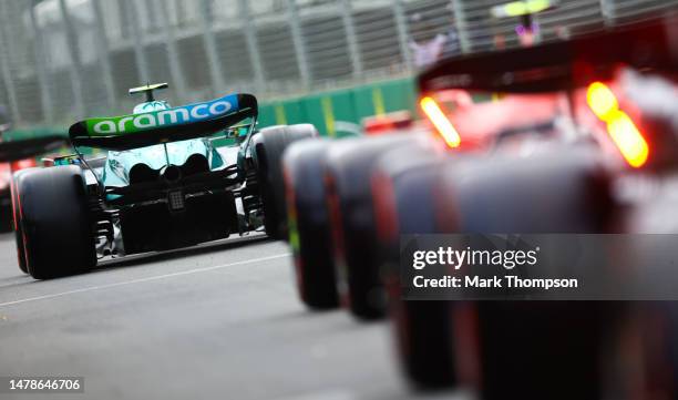 Fernando Alonso of Spain driving the Aston Martin AMR23 Mercedes in the Pitlane during qualifying ahead of the F1 Grand Prix of Australia at Albert...