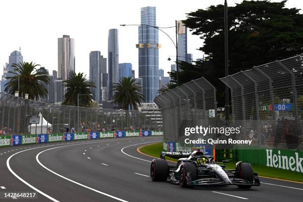 Lewis Hamilton of Great Britain driving the Mercedes AMG Petronas F1 Team W14 on track during qualifying ahead of the F1 Grand Prix of Australia at...