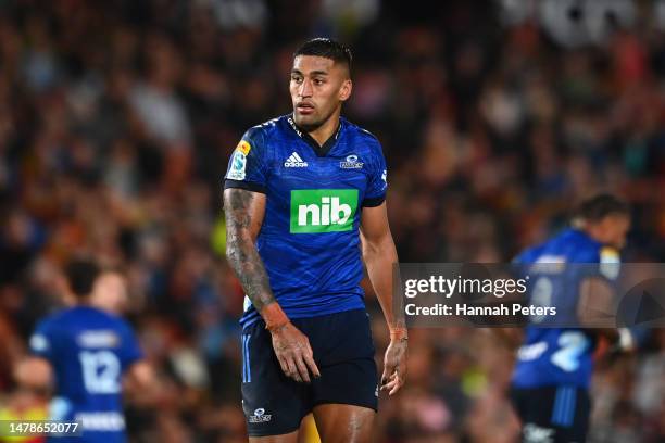 Rieko Ioane of the Blues looks on during the round six Super Rugby Pacific match between Chiefs and Blues at FMG Stadium Waikato, on April 01 in...