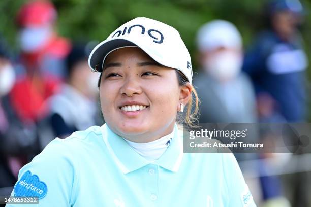 Ai Suzuki of Japan celebrates after making a hole-in-one on the 17th hole during the third round of Yamaha Ladies Open Katsuragi at Katsuragi Golf...