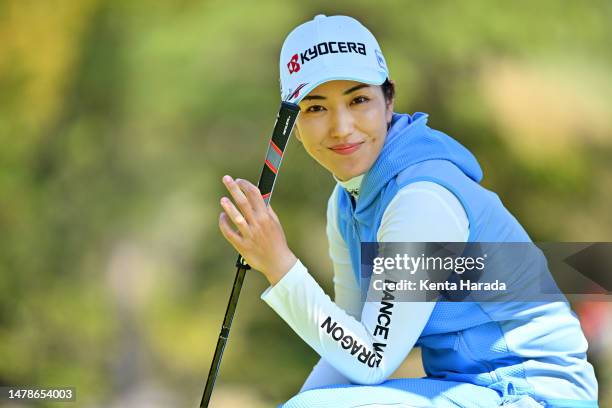 Ritsuko Ryu of Japan smiles on the 16th hole during the third round of Yamaha Ladies Open Katsuragi at Katsuragi Golf Club Yamana Course on April 1,...