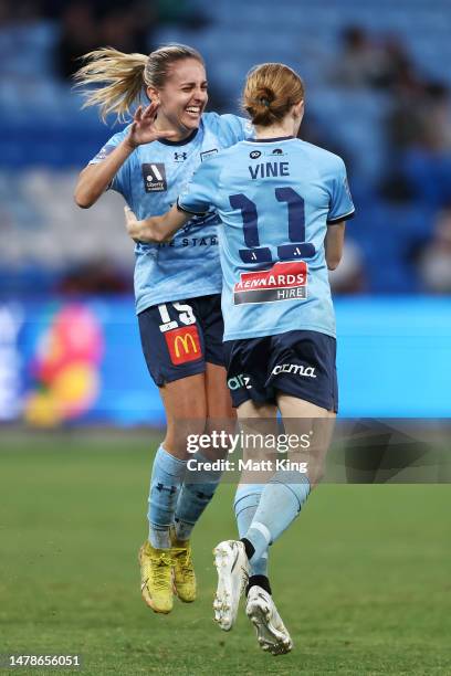 Cortnee Vine of Sydney FC celebrates with Mackenzie Hawkesby after scoring a goal during the round 20 A-League Women's match between Sydney FC and...