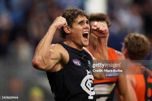 Charlie Curnow of the Blues celebrates kicking a goal during the round three AFL match between Greater Western Sydney Giants and Carlton Blues at...