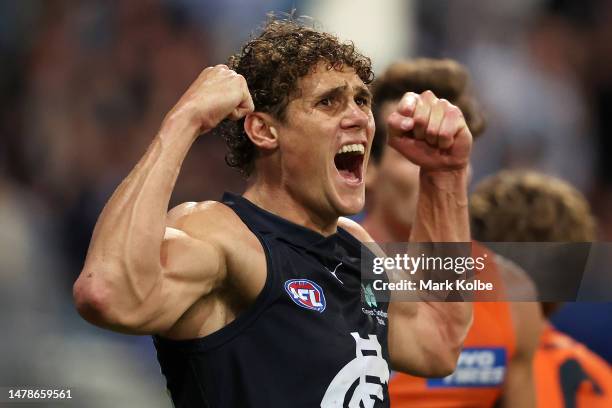 Charlie Curnow of the Blues celebrates kicking a goal during the round three AFL match between Greater Western Sydney Giants and Carlton Blues at...