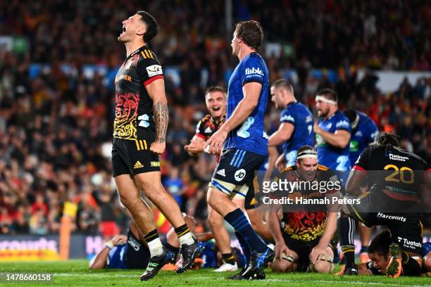 Rameka Poihipi of the Chiefs celebrates after winning the round six Super Rugby Pacific match between Chiefs and Blues at FMG Stadium Waikato, on...