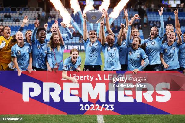 Sydney FC players celebrate victory after winning the Premier's Plate during the round 20 A-League Women's match between Sydney FC and Newcastle Jets...