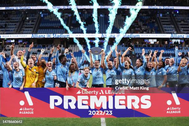 Sydney FC players celebrate victory after winning the Premier's Plate during the round 20 A-League Women's match between Sydney FC and Newcastle Jets...