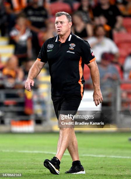 Senior Assistant Coach Don Furner of the Tigers watches on during the warm up before the round five NRL match between Brisbane Broncos and Wests...