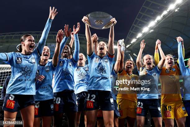 Natalie Tobin of Sydney FC celebrates with team mates and holds aloft the Premier's Plate after the round 20 A-League Women's match between Sydney FC...