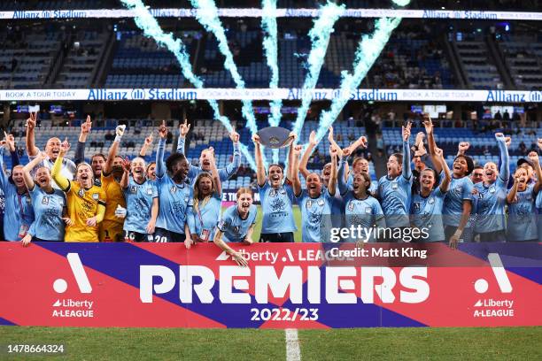 Sydney FC players celebrate victory after winning the Premier's Plate during the round 20 A-League Women's match between Sydney FC and Newcastle Jets...