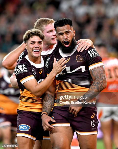 Payne Haas of the Broncos celebrates scoring a try during the round five NRL match between Brisbane Broncos and Wests Tigers at Suncorp Stadium on...