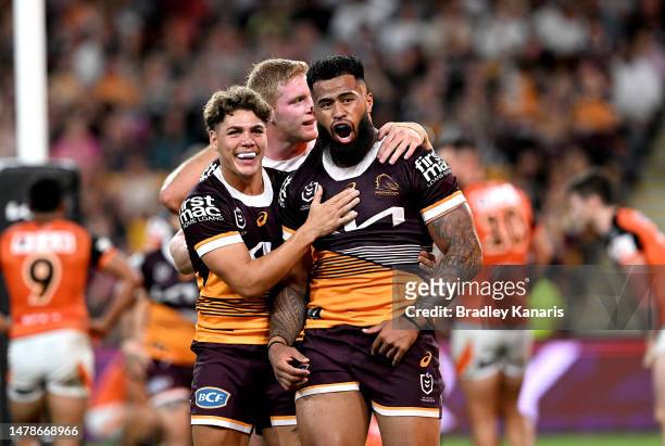 Payne Haas of the Broncos celebrates scoring a try during the round five NRL match between Brisbane Broncos and Wests Tigers at Suncorp Stadium on...