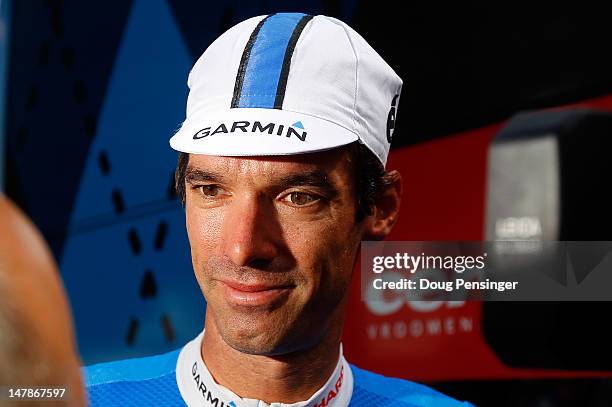 David Millar of Great Britain riding for Garmin-Sharp prepares for the start of stage four of the 2012 Tour de France from Abbeville to Rouen on July...