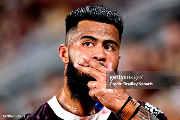 Payne Haas of the Broncos is seen during the round five NRL match between Brisbane Broncos and Wests Tigers at Suncorp Stadium on April 01, 2023 in...