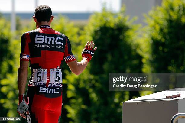 George Hincapie of the USA riding for BMC Racing signs in for stage five of the 2012 Tour de France from Rouen to Saint-Quentin on July 5, 2012 in...