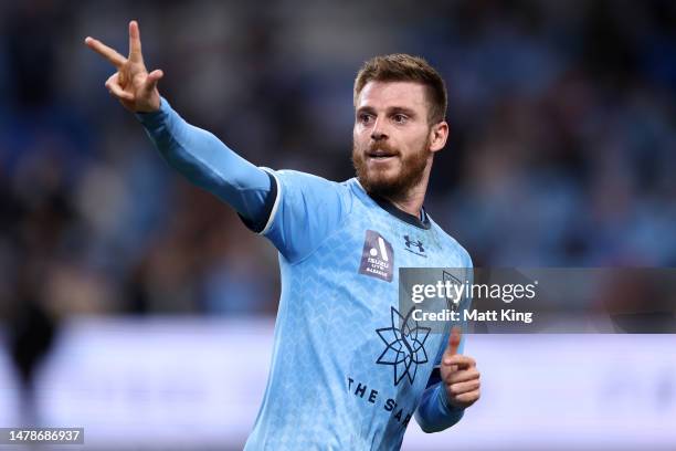 Diego Caballo of Sydney FC celebrates scoring a goal during the round 22 A-League Men's match between Sydney FC and Western United at Allianz...