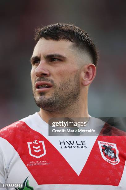Jack Bird of the Dragons looks on during the round five NRL match between St George Illawarra Dragons and Dolphins at WIN Stadium on April 01, 2023...