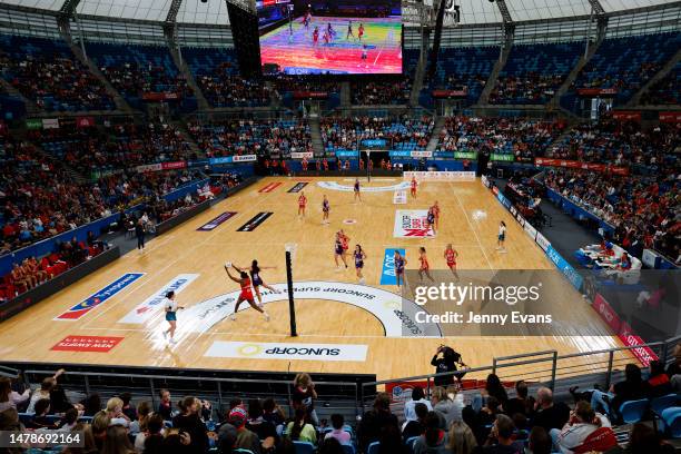 General view during the round three Super Netball match between NSW Swifts and Queensland Firebirds at Ken Rosewall Arena, on April 01 in Sydney,...