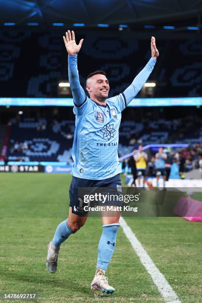 Robert Mak of Sydney FC celebrates scoring a goal during the round 22 A-League Men's match between Sydney FC and Western United at Allianz Stadium,...