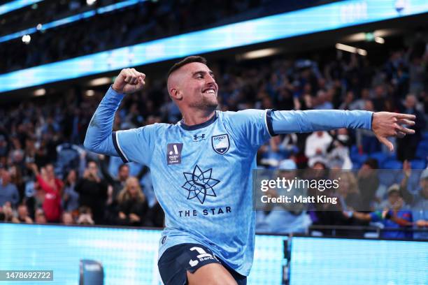 Robert Mak of Sydney FC celebrates scoring a goal during the round 22 A-League Men's match between Sydney FC and Western United at Allianz Stadium,...