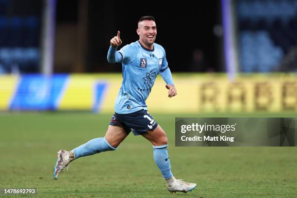 Robert Mak of Sydney FC celebrates scoring a goal during the round 22 A-League Men's match between Sydney FC and Western United at Allianz Stadium,...