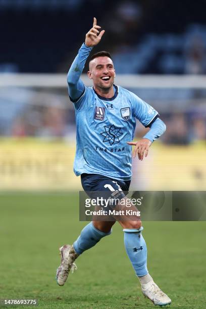 Robert Mak of Sydney FC celebrates scoring a goal during the round 22 A-League Men's match between Sydney FC and Western United at Allianz Stadium,...
