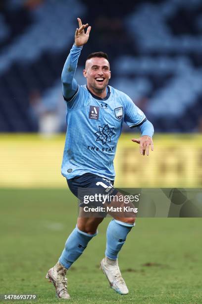 Robert Mak of Sydney FC celebrates scoring a goal during the round 22 A-League Men's match between Sydney FC and Western United at Allianz Stadium,...