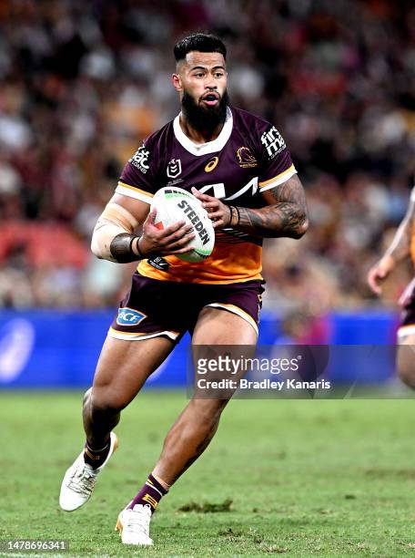 Payne Haas of the Broncos runs with the ball during the round five NRL match between Brisbane Broncos and Wests Tigers at Suncorp Stadium on April...