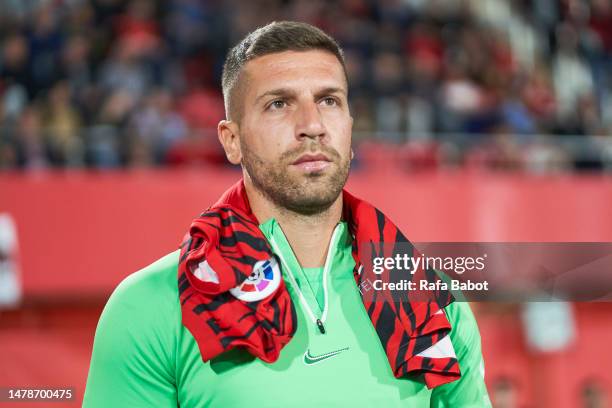 Matija Nastasic of RCD Mallorca looks on prior to the LaLiga Santander match between RCD Mallorca and CA Osasuna at Visit Mallorca Estadi on March...