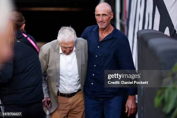 Tony Lockett and Neil Roberts are seen during the round three AFL match between St Kilda Saints and Essendon Bombers at Melbourne Cricket Ground, on...