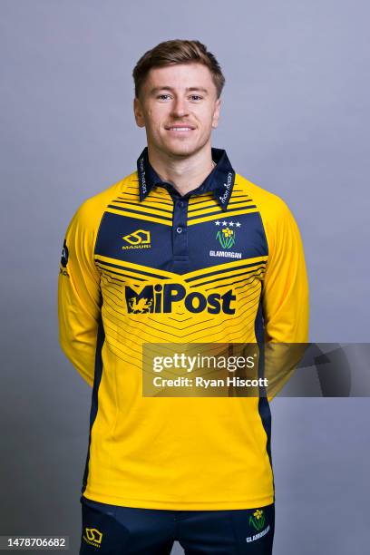 Callum Taylor of Glamorgan CCC poses for a portrait during the Glamorgan CCC Photocall at Sophia Gardens on March 23, 2023 in Cardiff, Wales.