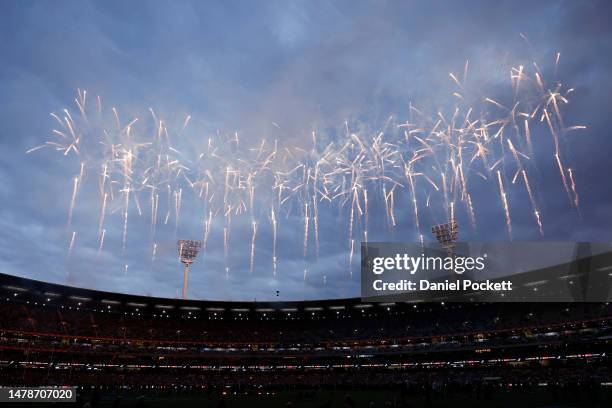 General view of fireworks during the round three AFL match between St Kilda Saints and Essendon Bombers at Melbourne Cricket Ground, on April 01 in...