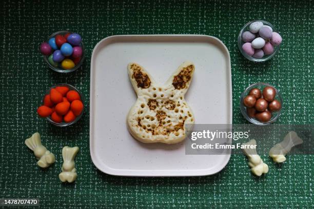 rabbit shaped crumpet - easter breakfast stock pictures, royalty-free photos & images