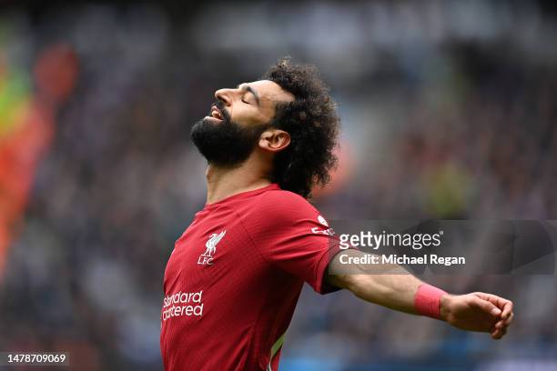 Mohamed Salah of Liverpool reacts during the Premier League match between Manchester City and Liverpool FC at Etihad Stadium on April 01, 2023 in...