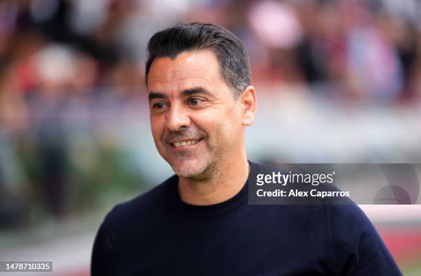 Michel, Head Coach of Girona FC, looks on during the LaLiga Santander match between Girona FC and RCD Espanyol at Montilivi Stadium on April 01, 2023...