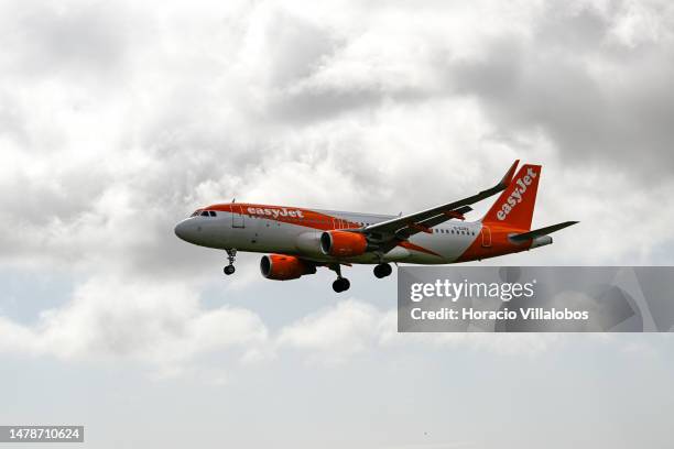 An easyJet aircraft lands at Humberto Delgado International Airport during the first of a three-day strike by the low cost carrier cabin crew on...