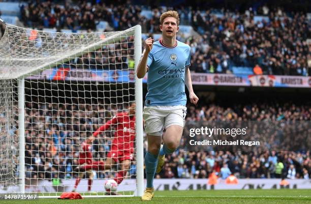 Kevin De Bruyne of Manchester City celebrates after scoring the team's second goal during the Premier League match between Manchester City and...