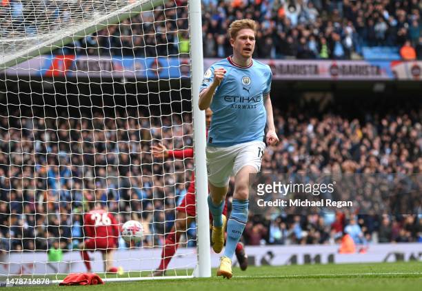 Kevin De Bruyne of Manchester City celebrates after scoring the team's second goal during the Premier League match between Manchester City and...