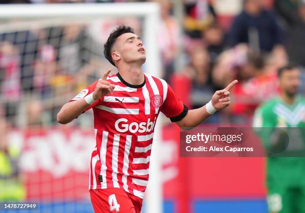 Arnau Martinez of Girona FC celebrates after scoring the team's first goal during the LaLiga Santander match between Girona FC and RCD Espanyol at...