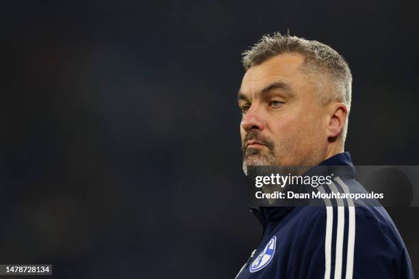 Thomas Reis, Head Coach of FC Schalke 04, looks on prior to the Bundesliga match between FC Schalke 04 and Bayer 04 Leverkusen at Veltins-Arena on...