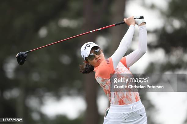 Rose Zhang of the United States plays her shot from the third tee during the final round of the Augusta National Women's Amateur at Augusta National...