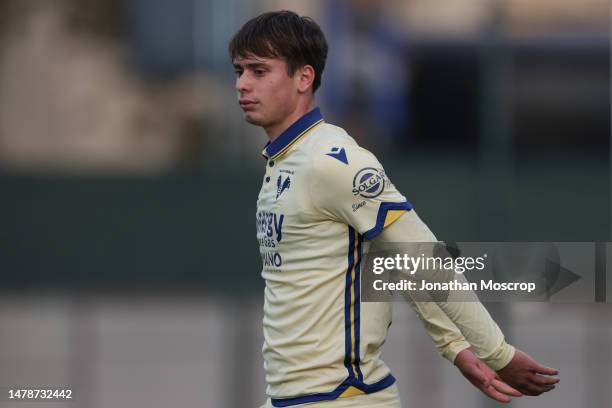 Davide Bragantini of Hellas Verona reacts during the Primavera TIM Cup match between FC Internazionale U19 and Hellas Verona U19 at Konami Youth...