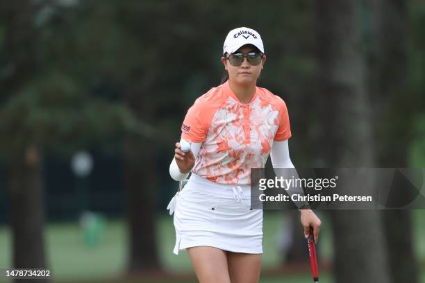 Rose Zhang of the United States reacts on the second green during the final round of the Augusta National Women's Amateur at Augusta National Golf...