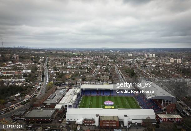 An aerial view odf Selhurst Park prior to the Premier League match between Crystal Palace and Leicester City at Selhurst Park on April 01, 2023 in...