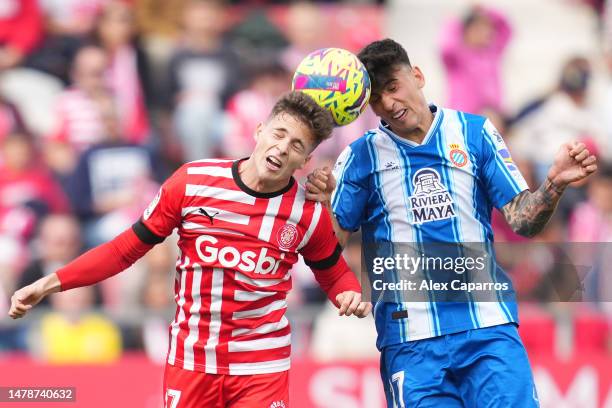 Rodrigo Riquelme of Girona FC clashes with Ruben Sanchez of RCD Espanyol during the LaLiga Santander match between Girona FC and RCD Espanyol at...