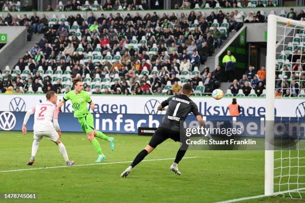 Patrick Wimmer of VfL Wolfsburg shoots and misses during the Bundesliga match between VfL Wolfsburg and FC Augsburg at Volkswagen Arena on April 01,...