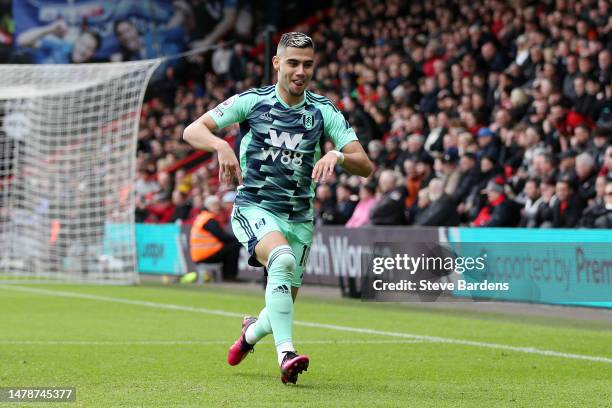 Andreas Pereira of Fulham celebrates after scoring the team's first goal during the Premier League match between AFC Bournemouth and Fulham FC at...