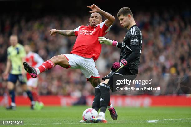 Illan Meslier of Leeds United clears the ball whilst under pressure from Gabriel Jesus of Arsenal during the Premier League match between Arsenal FC...