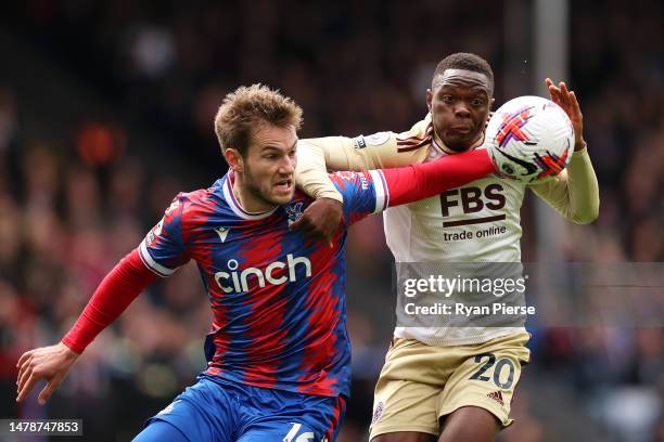 Patson Daka of Leicester City battles for possession with Joachim Andersen of Crystal Palace during the Premier League match between Crystal Palace...