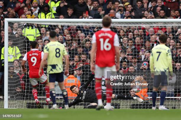 Illan Meslier of Leeds United fails to save the Arsenal first goal scored by Gabriel Jesus of Arsenal from a penalty kick during the Premier League...